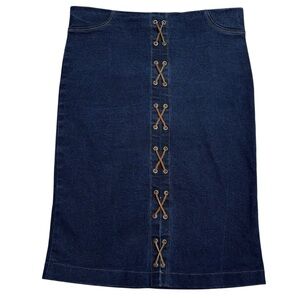 VTG 90’s Watch L.A. Denim & Brown Raw Hide Lace Up Front Midi Pencil Skirt L